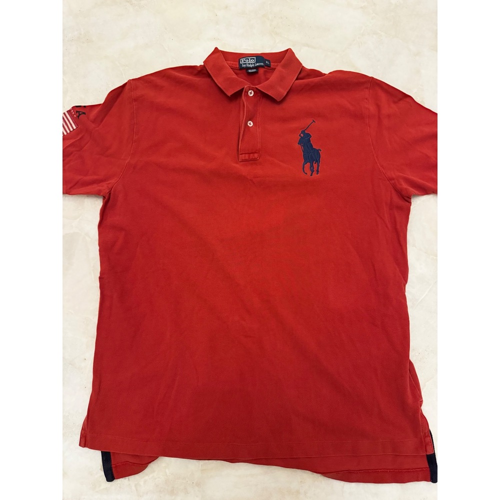 Polo Ralph Lauren Big Pony Red Polo Shirt USA Flag Patch Mens XL Short Sleeve